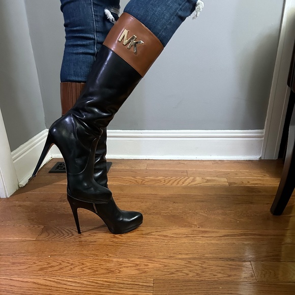 MICHAEL Michael Kors Fashion Leather high heel boot with gold tone MK on calf - Picture 8 of 11